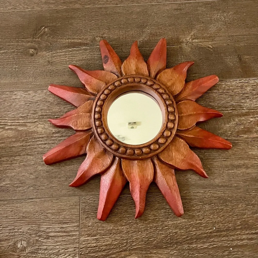 Sunburst Wooden Wall Mirror - Red and Brown